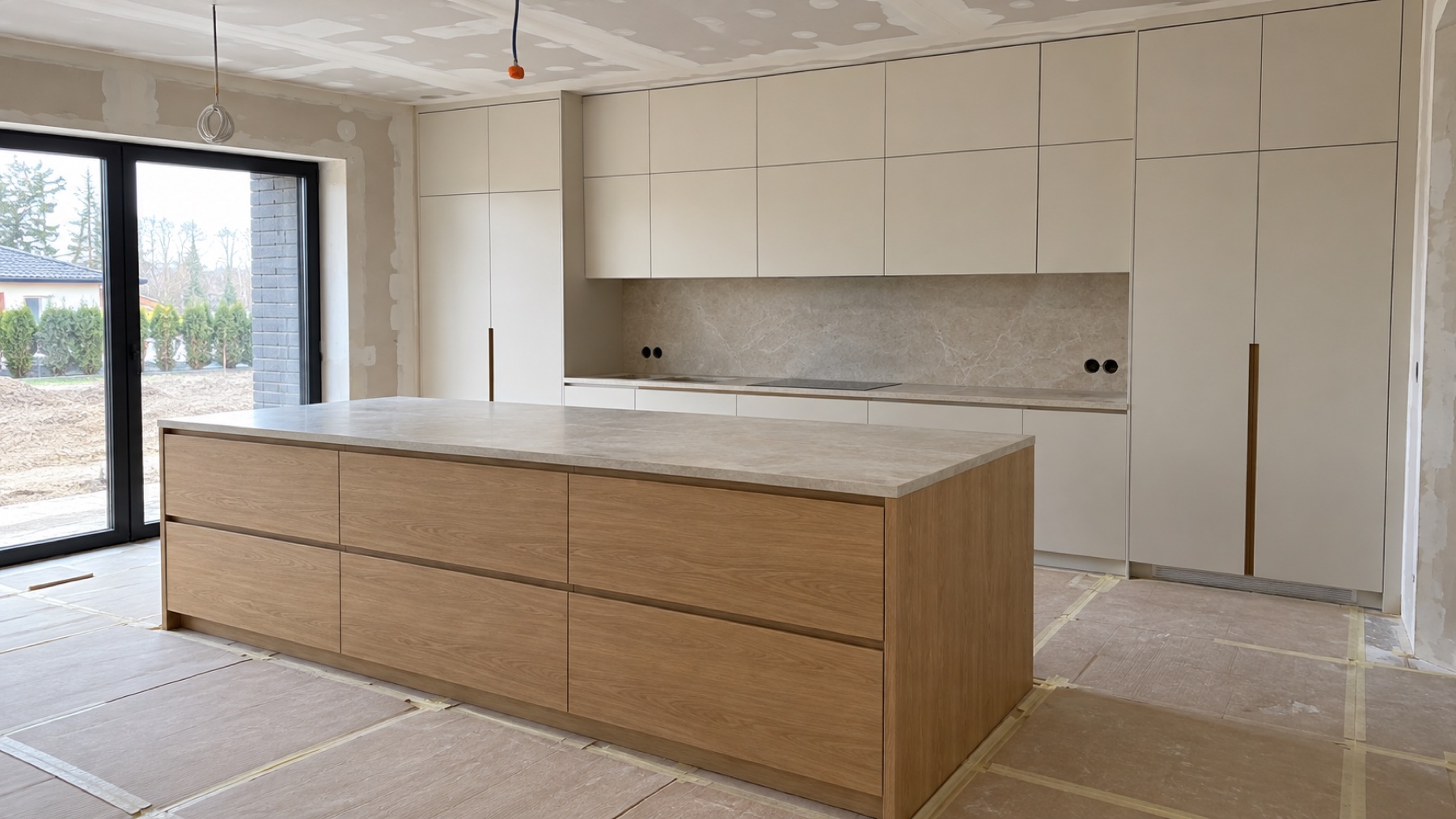 Biała kuchnia na wymiar z dużą dębową wyspą i blatem kamiennym